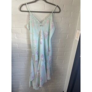 Vtg California Dynasty Mint Floral Lace Trim Asymmetrical Slip Dress Nightgown M